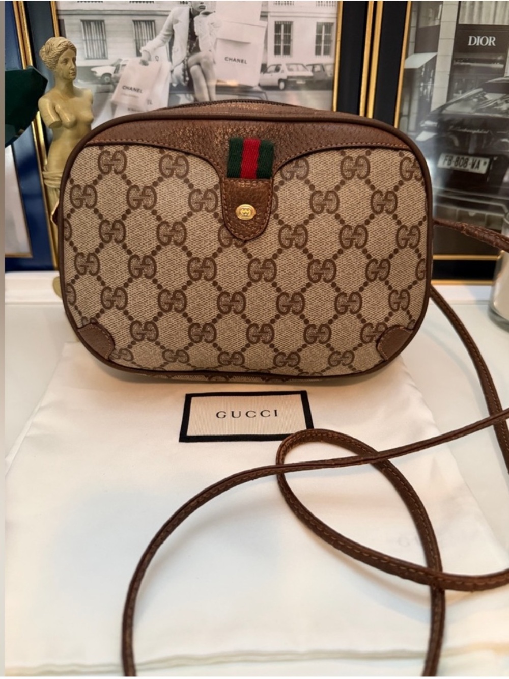 Vintage Gucci Web Crossbody Bag GG Coated Canvas Small with COA